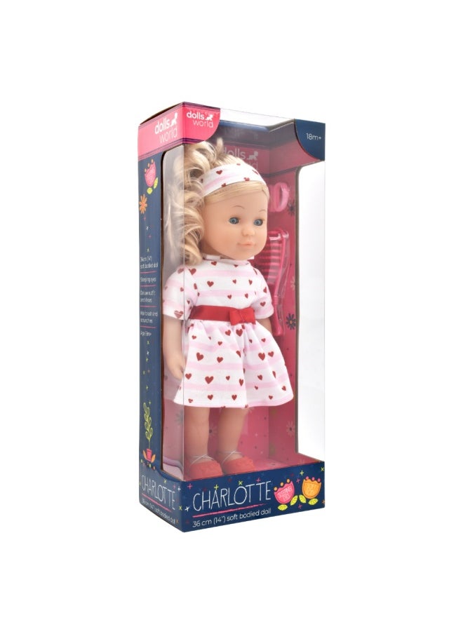 dolls world Charlotte 14 inch Soft Doll Sleeping Eyes Outfit and Hair Accessories from Peterkin gift for kids of Age above 18 months  - Image 2