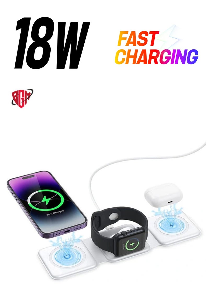 BGM 3 in 1 Wireless Charger, Foldable Magnetic Charger Station, 18W Fast Wireless Charging Pad, Compatible with iPhone 14/13/12/11, Samsung, AirPods, Google Pixel, i-Watch  - Image 1