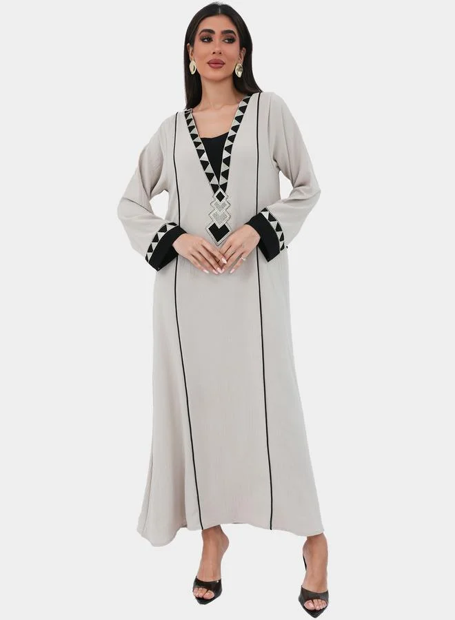 Elena by DStyle Elena By Dstyle Beige Embroidered A-Line Jalabiya