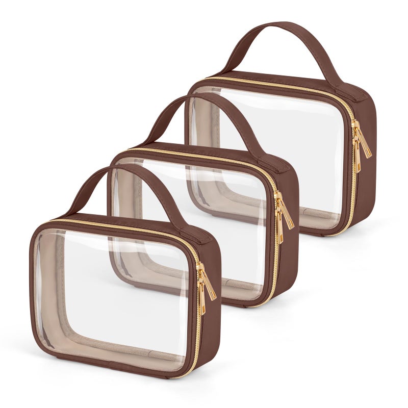 Wedama TSA Approved Toiletry Bag, 3 Pack Clear Makeup Bags with Handles, Quart Size PVC Clear Cosmetic Bags for Women and Men, Carry on Airport Airline Compliant Bag, Brown - Image 1