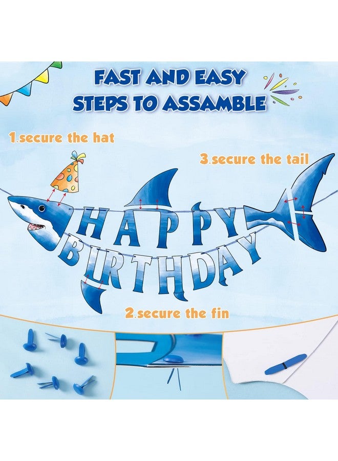 WERNNSAI Shark Happy Birthday Banner - Pre-strung Shark Birthday Banner for Kids Boys, Ocean Theme Party Supplies, Beach Under The Sea Theme Party Hanging Wall Decor - Image 2