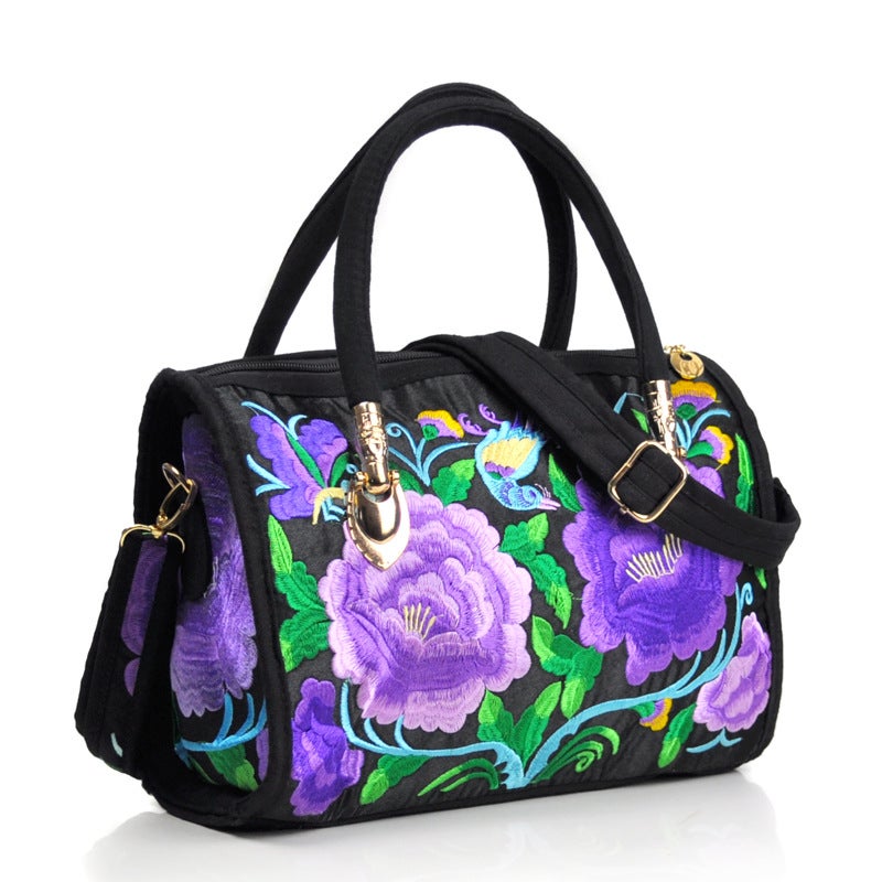 Ethnic-style Embroidered Portable Crossbody Dual-purpose Drum Bag Canvas Embroidered Floral Cloth Bag Travel Shoulder Portable Women's Bag Double Camellia purple - Image 1