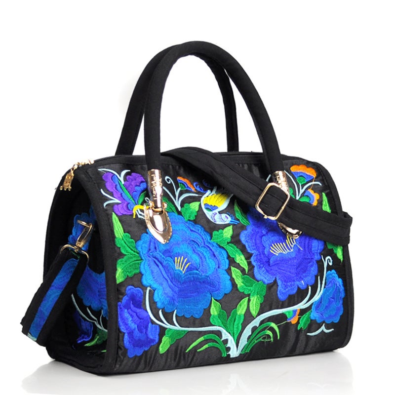 Ethnic-style Embroidered Portable Crossbody Dual-purpose Drum Bag Canvas Embroidered Floral Cloth Bag Travel Shoulder Portable Women's Bag Double Camellia purple - Image 2