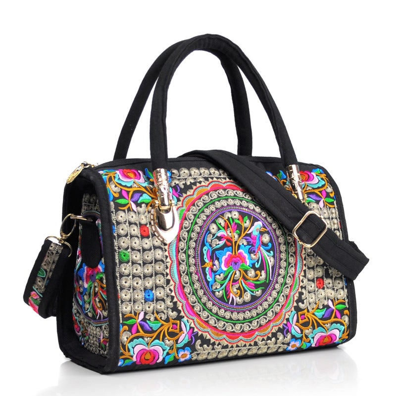 Ethnic-style Embroidered Portable Crossbody Dual-purpose Drum Bag Canvas Embroidered Floral Cloth Bag Travel Shoulder Portable Women's Bag Double Camellia purple - Image 4