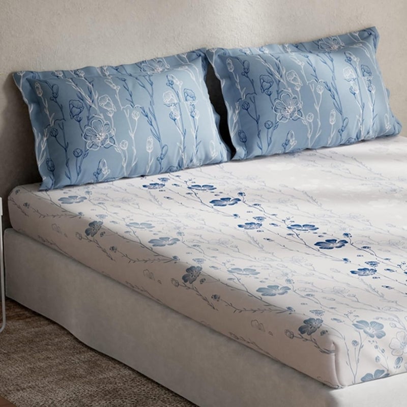 DDECOR Live beautiful DDECOR Peony 100 Cotton Fitted Bedsheet with 2 Pillow Covers King Size Blue  - Image 2