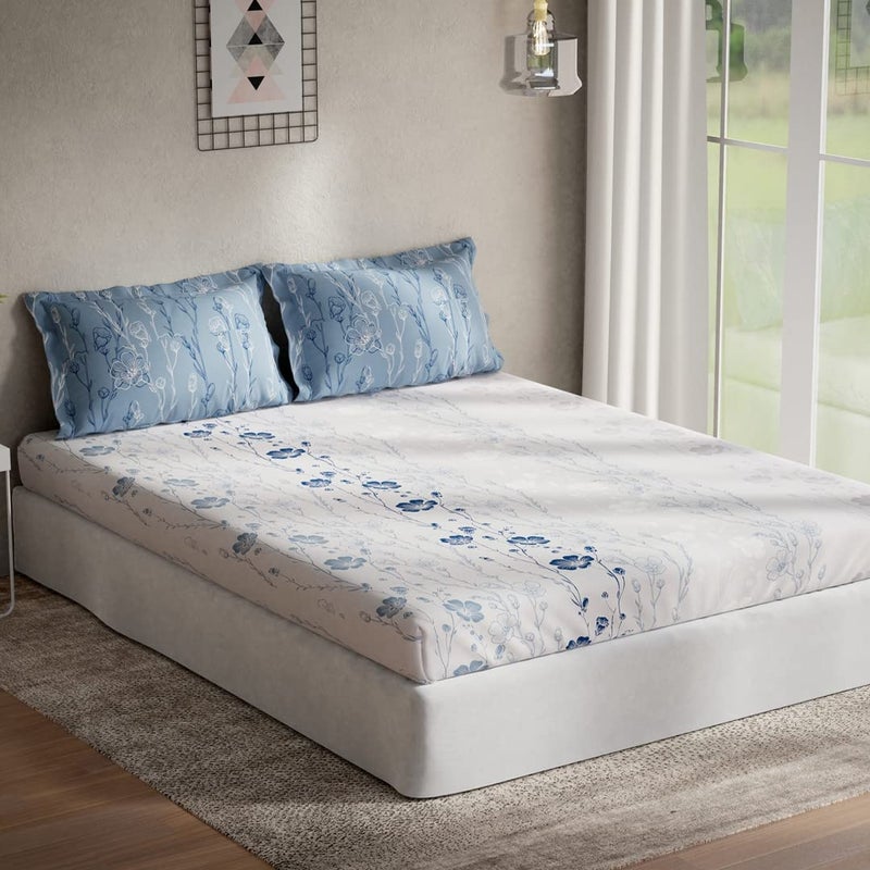 DDECOR Live beautiful DDECOR Peony 100 Cotton Fitted Bedsheet with 2 Pillow Covers King Size Blue  - Image 1