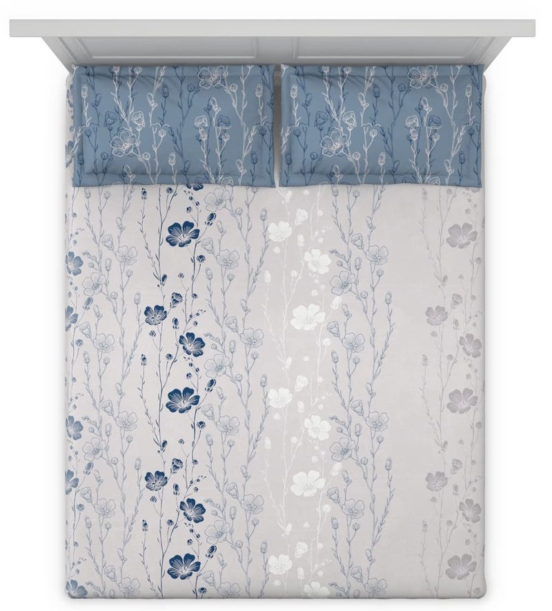 DDECOR Live beautiful DDECOR Peony 100 Cotton Fitted Bedsheet with 2 Pillow Covers King Size Blue  - Image 3