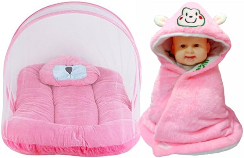 Brandonn Brandonn Premium Toddler Mattress with Mosquito Net and Hooded Baby Blanket Pack Pink Pack of 2  - Image 1