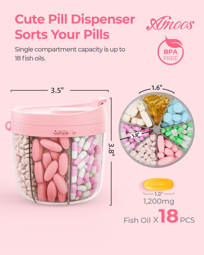 AMOOS Cute Pill Dispenser with 7 Compartments, Pill Bottle Organizer with Anti-Mix Design, Portable Pill Organizer for Travel with Wide Mouth for Easy Access, BPA-Free Patented Pill Container, Pink - Image 2