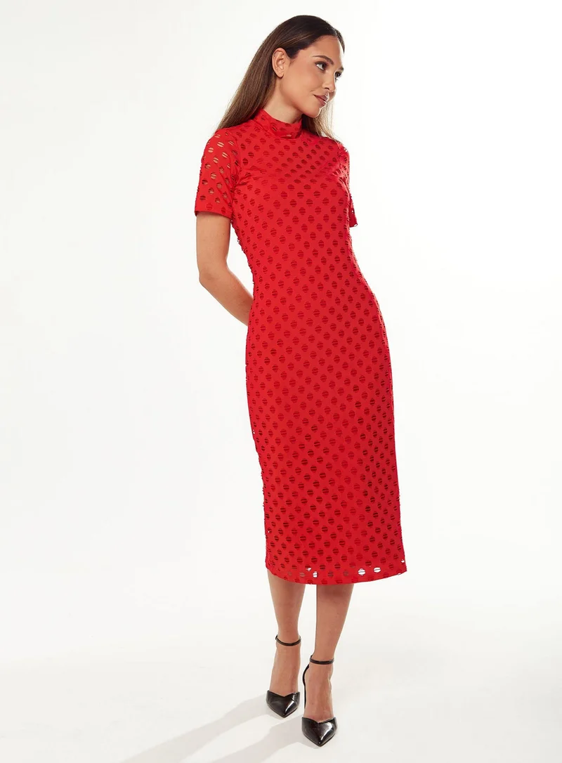 Liquorish Midi Dress with High Neck in Red