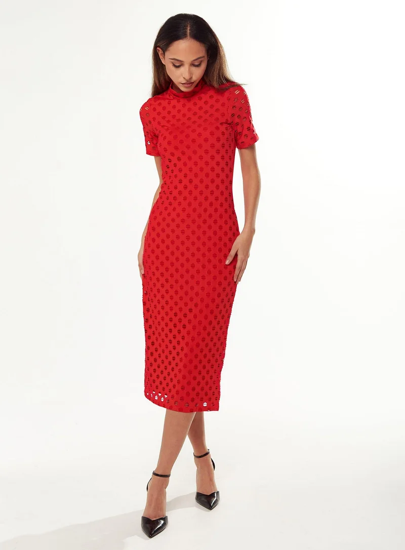 Liquorish Midi Dress with High Neck in Red