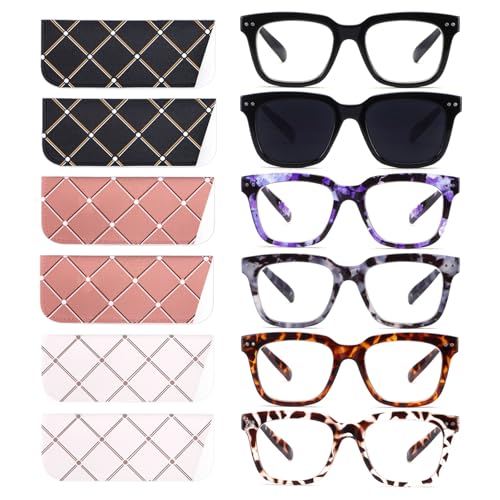 CHOFILORD 6 Pack Fashion Reading Glasses for Women Men Blue Light Blocking Oversized Square Readers with Spring Hinge (2 Black & 4 Colorful, 2.25) - Image 1