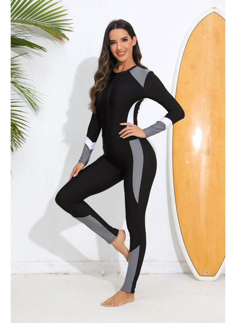 طقم بوركيني نسائي باللون الأسود مع تفاصيل رمادية من قطعة واحدة - Image 2