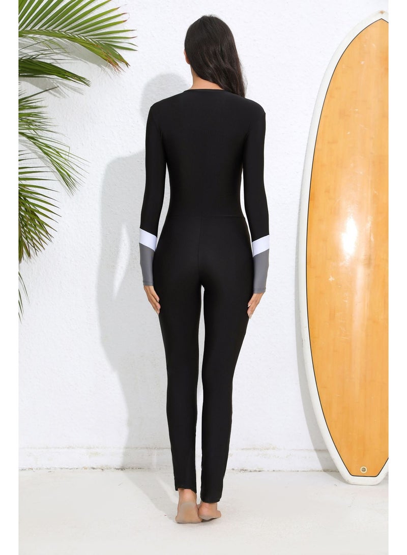 طقم بوركيني نسائي باللون الأسود مع تفاصيل رمادية من قطعة واحدة - Image 3