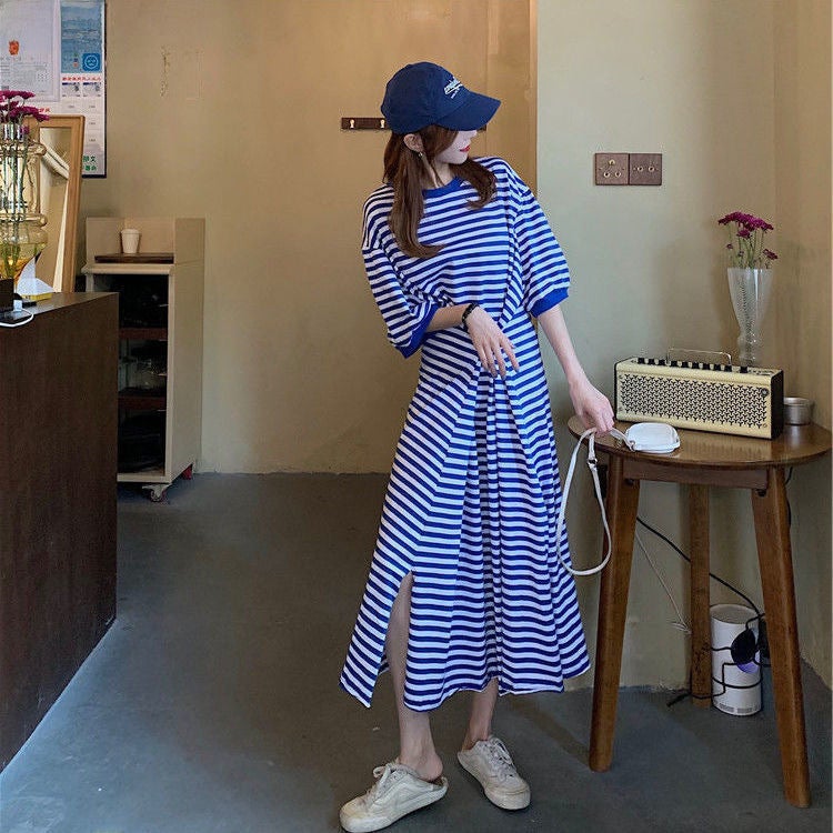 Striped T-Shirt Dress for Plus Size Women Summer 2021 Blue Stripe - Image 3