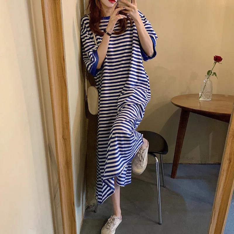 Striped T-Shirt Dress for Plus Size Women Summer 2021 Blue Stripe - Image 2