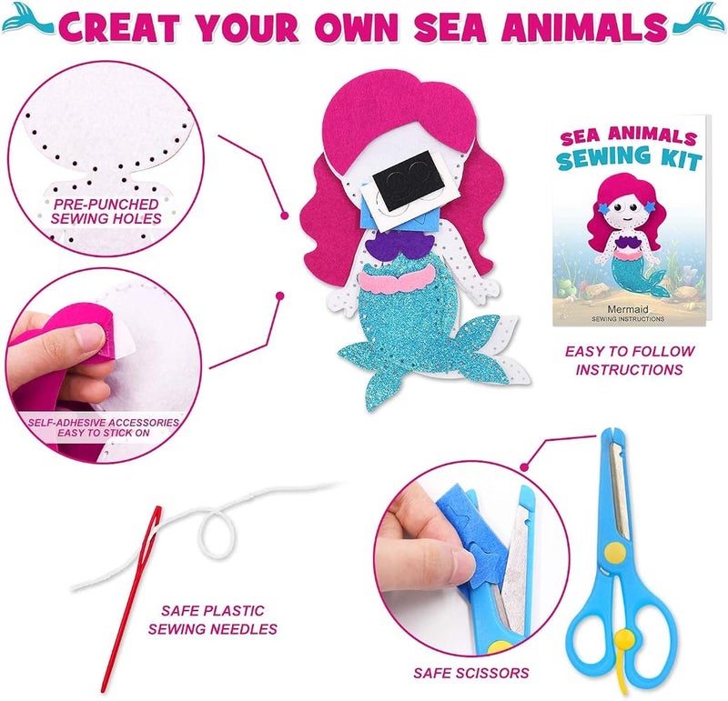 MAKINGTEC Sea Animals Sewing Kit Make Your Own Ocean Animals Mermaid DIY Felt Craft Kit Gifts for Beginner Kids Educational Art Craft Supplies Set of 8 - Image 3