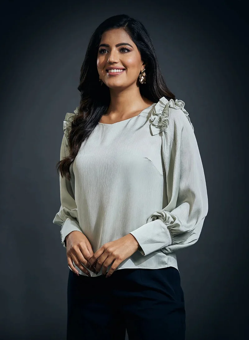 Zigzag Sleeve Detailed Shoulder Frilled Long Sleeve Top-Lime