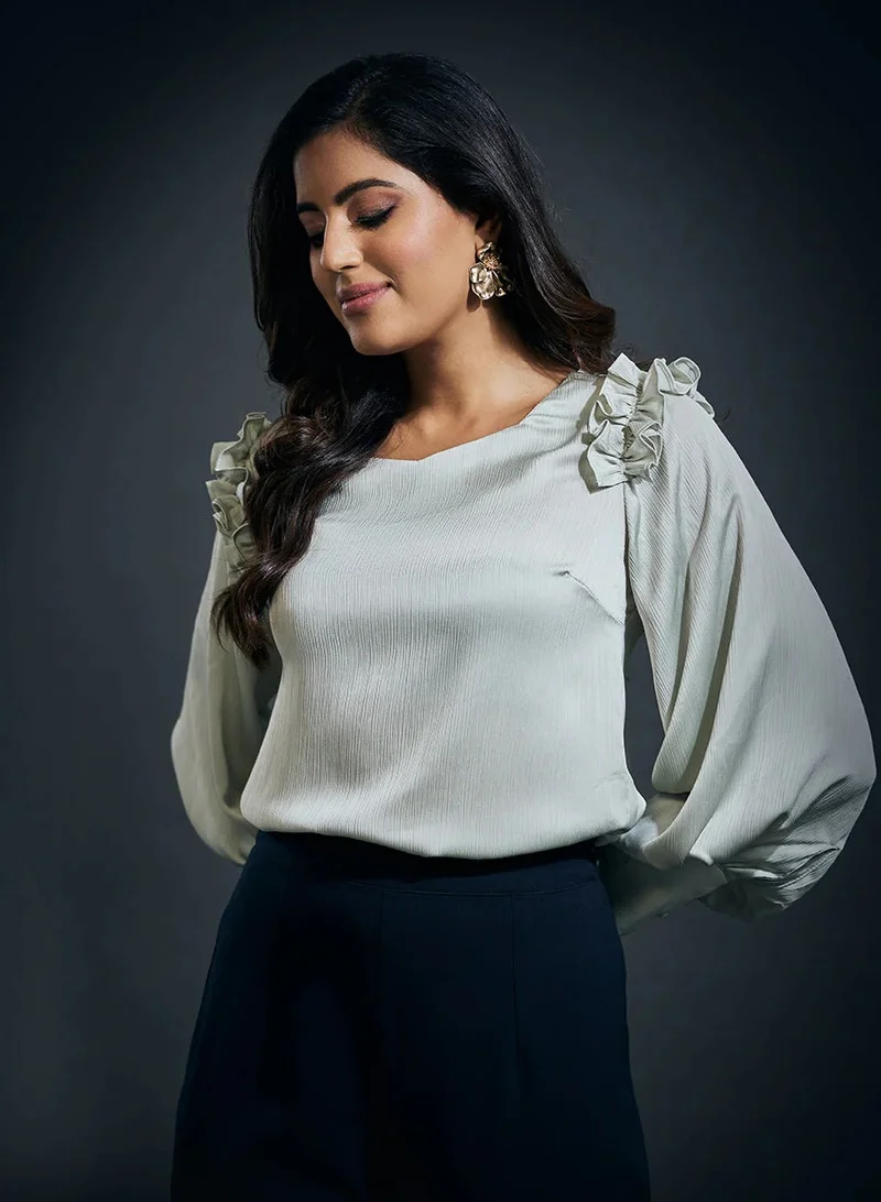 Zigzag Sleeve Detailed Shoulder Frilled Long Sleeve Top-Lime