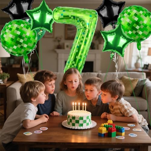 AXBMM 40 Inch Green Pixel Themed Number 7 Balloon Set Foil Balloon for Girls Boys Birthday Party Decorations Party Supplies Favors Number 7 - Image 5