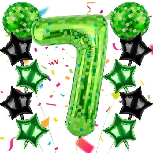 AXBMM 40 Inch Green Pixel Themed Number 7 Balloon Set Foil Balloon for Girls Boys Birthday Party Decorations Party Supplies Favors Number 7 - Image 1