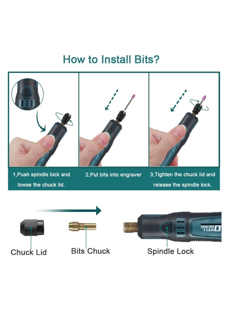 wor طセット قلم النقش الكهربائي اللاسلكي USB صغير 3 سرعات آلة حفر دوارة للمجوهرات والجلد والخشب والزجاج 42 أداة نقش للمعادن مع 30 ريشة وقالب  - Image 5
