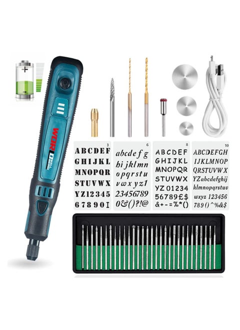 طセット قلم النقش الكهربائي اللاسلكي USB صغير 3 سرعات آلة حفر دوارة للمجوهرات والجلد والخشب والزجاج 42 أداة نقش للمعادن مع 30 ريشة وقالب