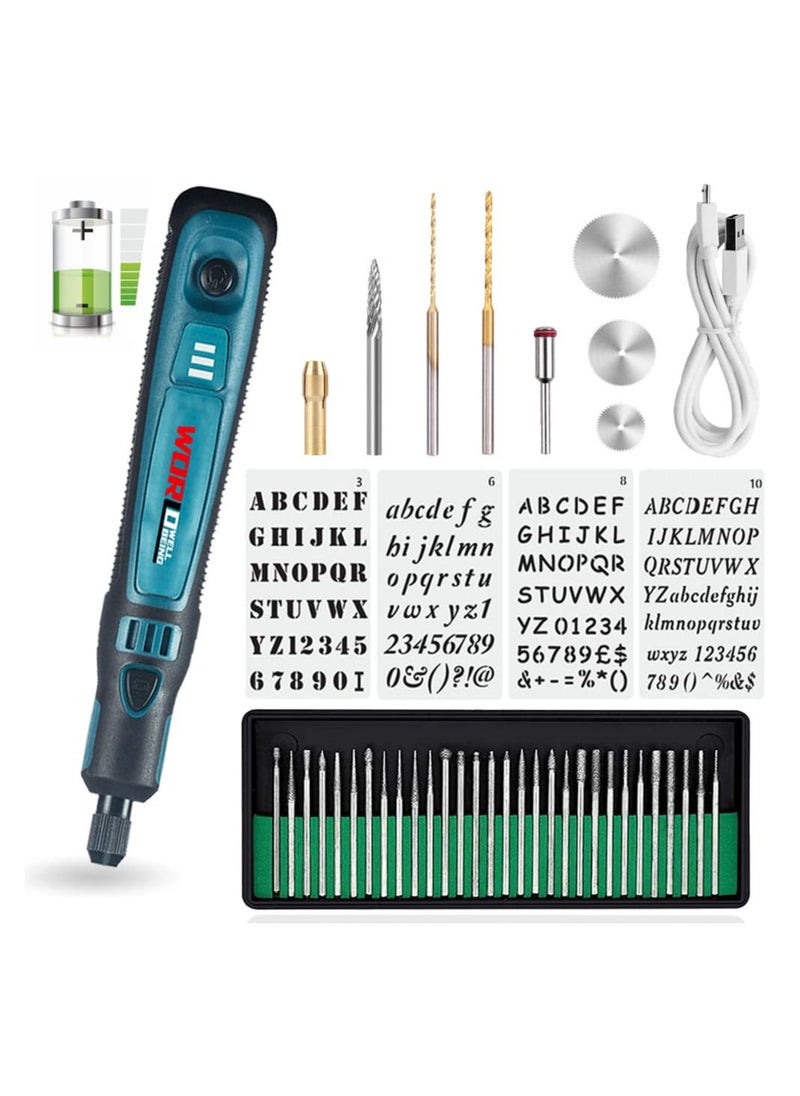 wor طセット قلم النقش الكهربائي اللاسلكي USB صغير 3 سرعات آلة حفر دوارة للمجوهرات والجلد والخشب والزجاج 42 أداة نقش للمعادن مع 30 ريشة وقالب  - Image 1