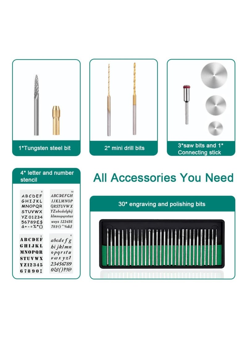 طセット قلم النقش الكهربائي اللاسلكي USB صغير 3 سرعات آلة حفر دوارة للمجوهرات والجلد والخشب والزجاج 42 أداة نقش للمعادن مع 30 ريشة وقالب