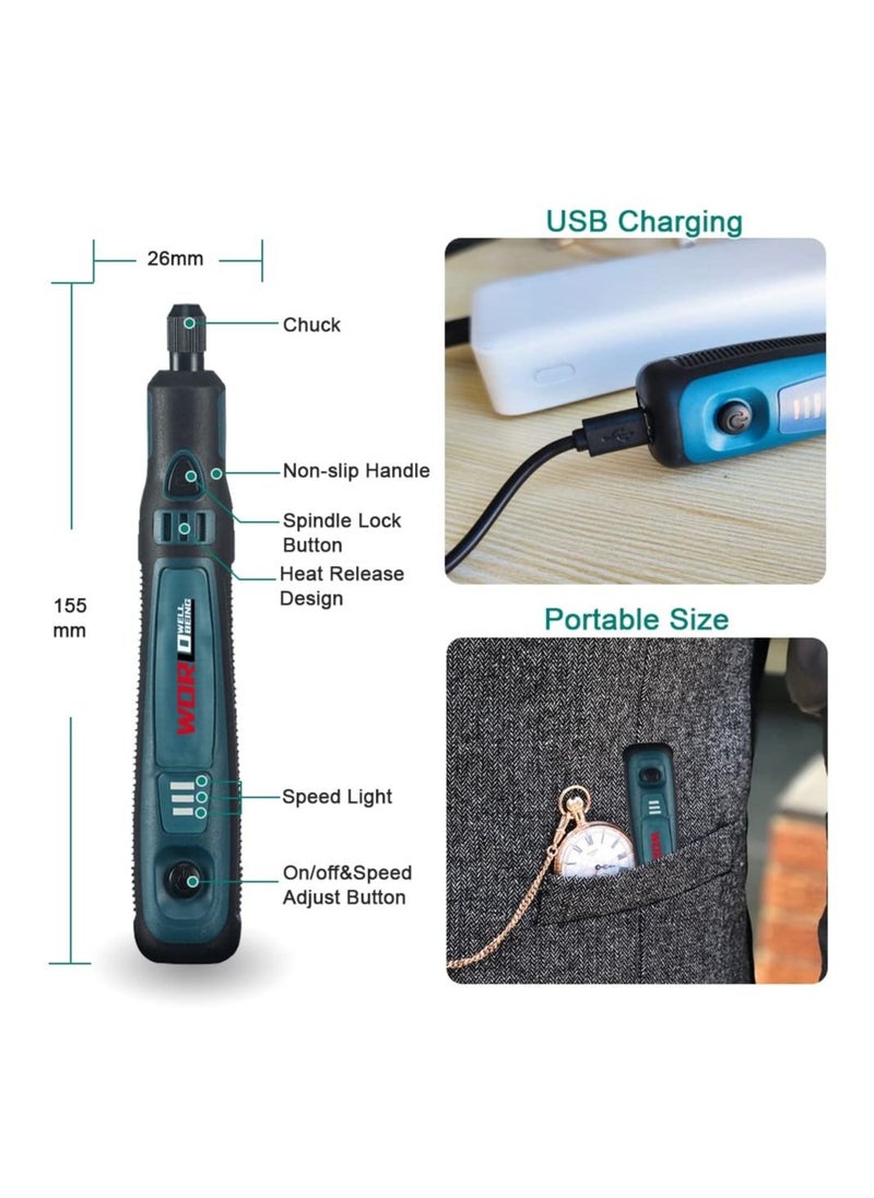 wor طセット قلم النقش الكهربائي اللاسلكي USB صغير 3 سرعات آلة حفر دوارة للمجوهرات والجلد والخشب والزجاج 42 أداة نقش للمعادن مع 30 ريشة وقالب  - Image 4