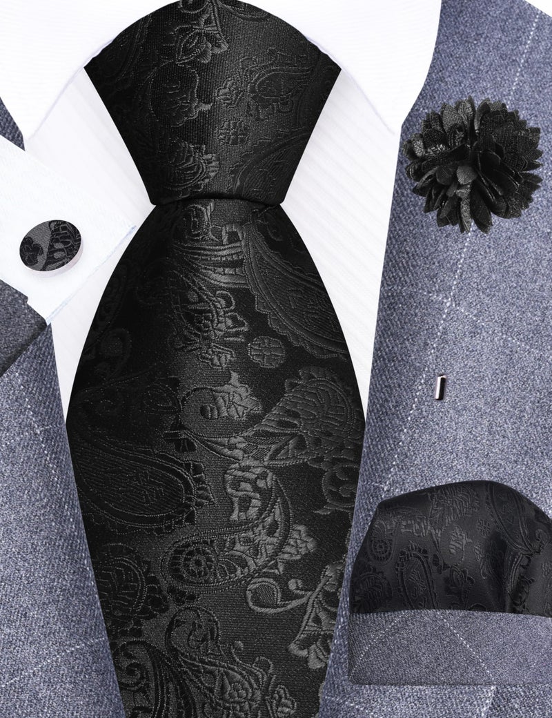 GUSLESON Paisley Black Tie Mens Classic Wedding Necktie Pocket Square Cufflinks and Lapel Pin Brooch Set (6105-08) - Image 2