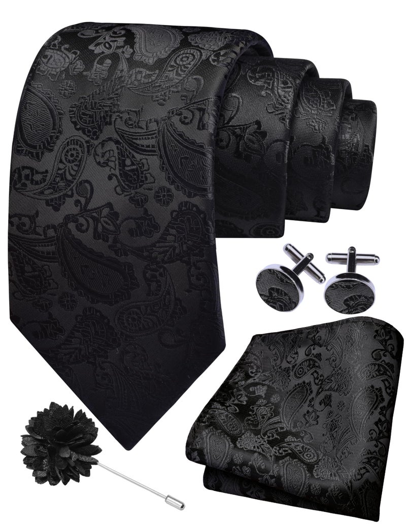 GUSLESON Paisley Black Tie Mens Classic Wedding Necktie Pocket Square Cufflinks and Lapel Pin Brooch Set (6105-08) - Image 1