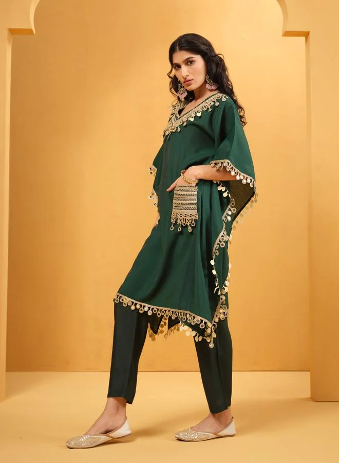 ISHIN Women's Green Roman Silk Embellished A-Line Kaftan Upperwear Knee Length Palazzo Bottomwear Flowy 2 Peice Kurta Set