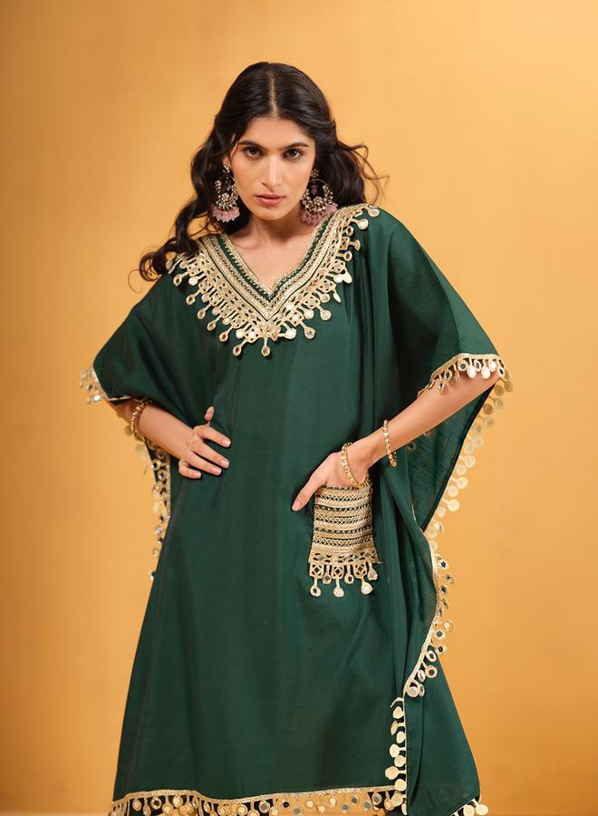 ISHIN Women's Green Roman Silk Embellished A-Line Kaftan Upperwear Knee Length Palazzo Bottomwear Flowy 2 Peice Kurta Set - Image 5