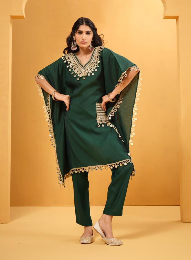 ISHIN Women's Green Roman Silk Embellished A-Line Kaftan Upperwear Knee Length Palazzo Bottomwear Flowy 2 Peice Kurta Set - Image 1