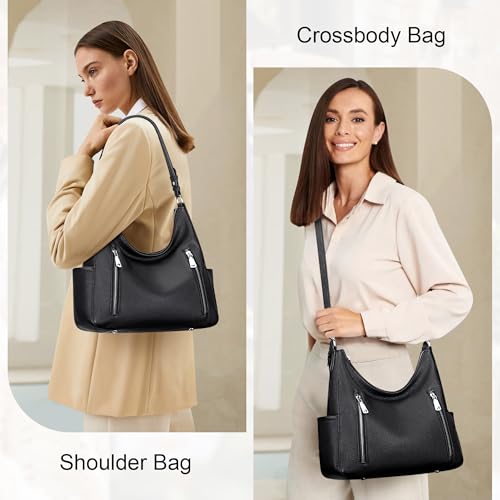 Over Earth Genuine Leather Purses for Women Medium Hobo Bag Lady Crossbody Handbags with 2 Detachable Straps(O150E UG Black) - Image 2