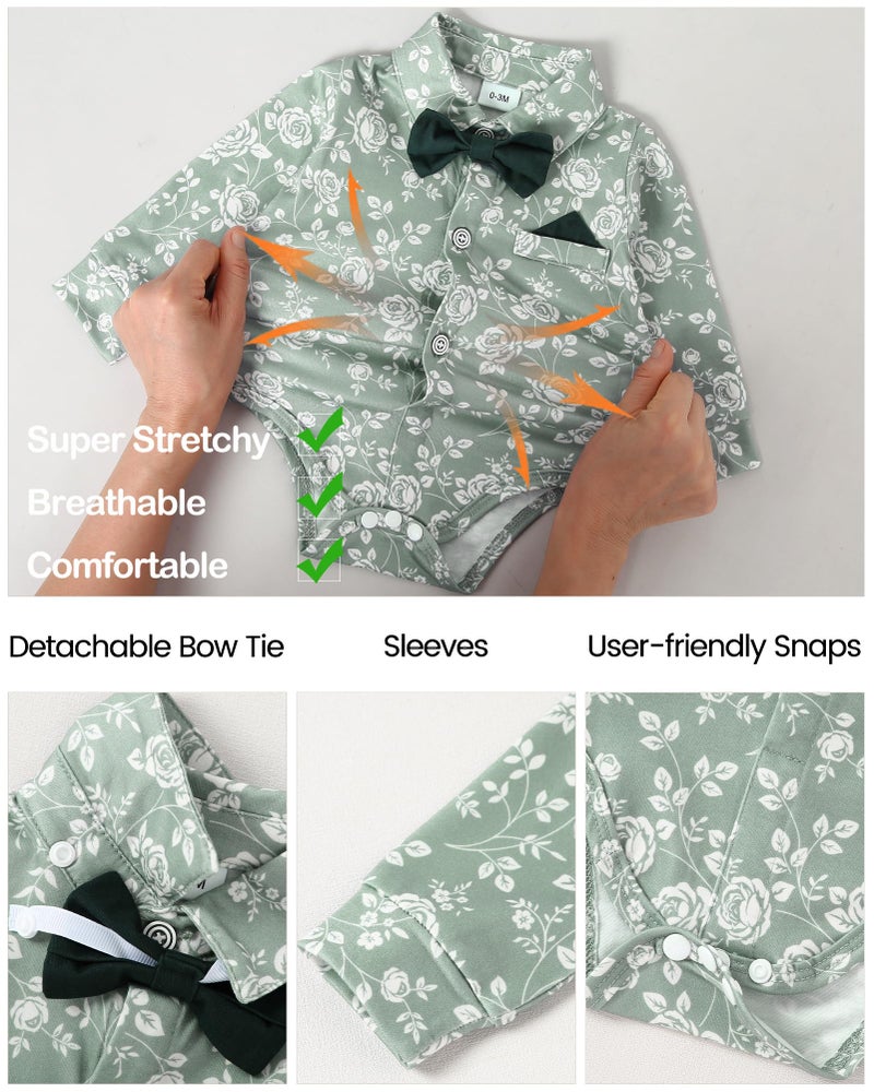 YALLET Baby Boy Clothes Suit, Infant Gentleman Outfits Printed Dress Shirt+Bowtie+Beret Hat+Detachable Suspender Pants 0-18M - Image 3
