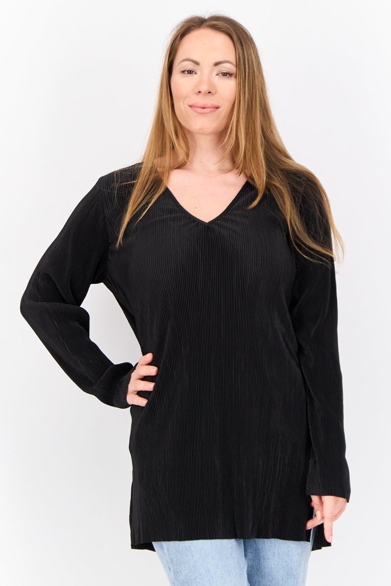 Cyrus Women Keyhole Neck Stripe Long Sleeve Blouse, Black  - Image 1