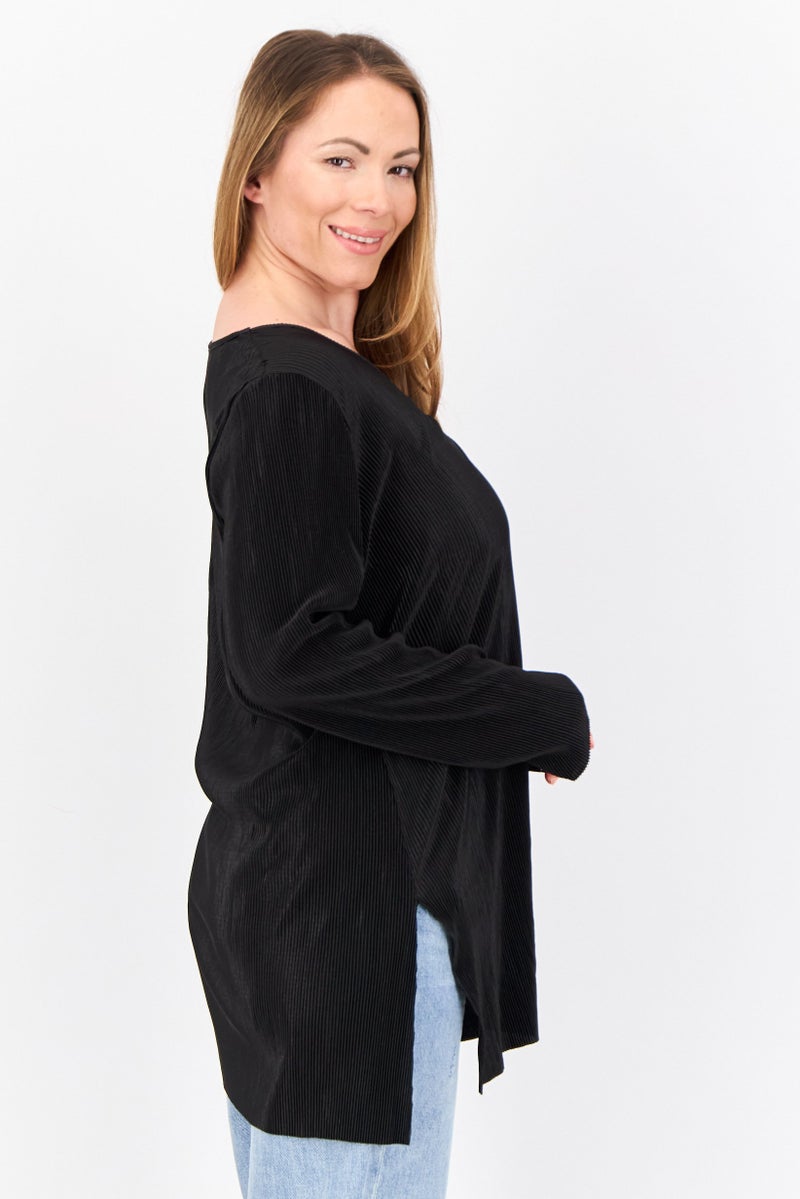 Cyrus Women Keyhole Neck Stripe Long Sleeve Blouse, Black  - Image 4