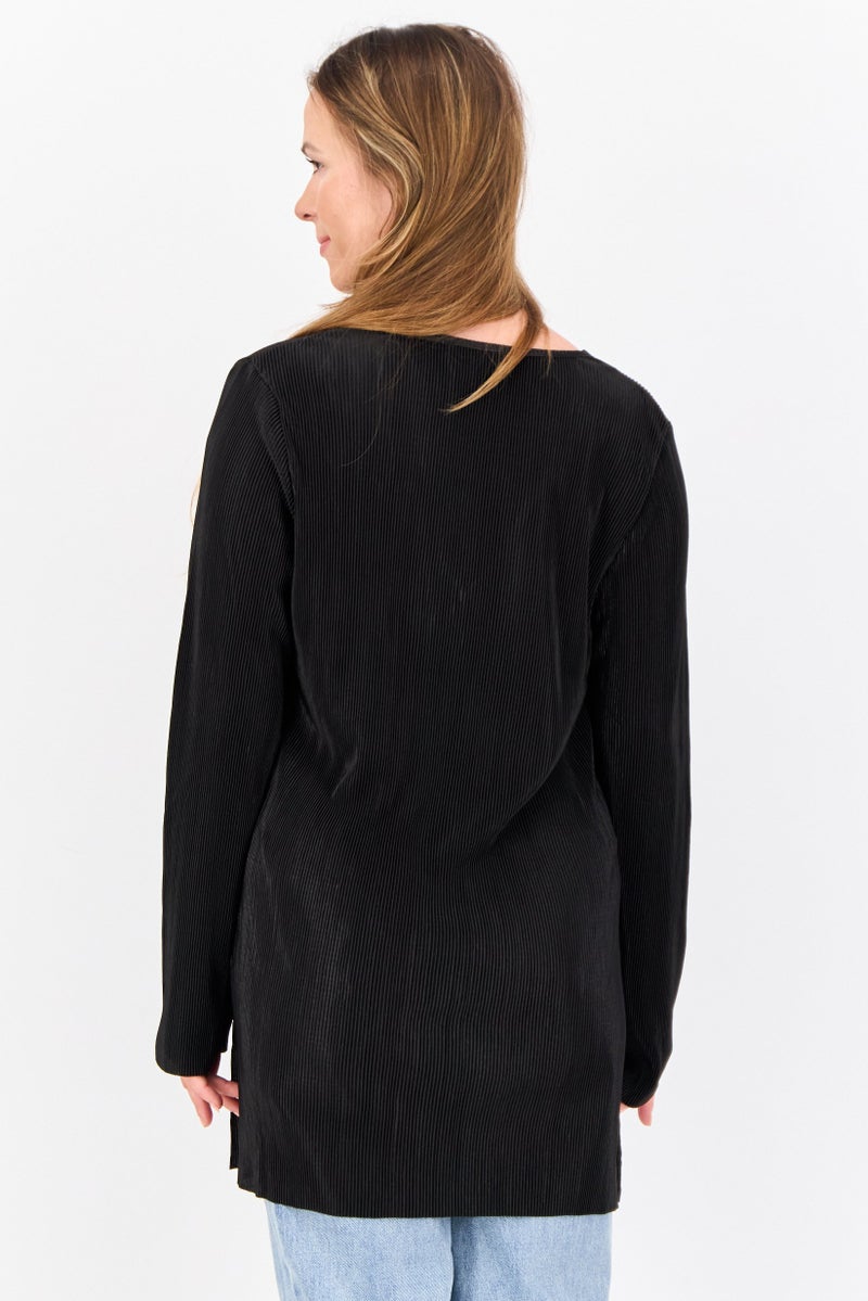 Cyrus Women Keyhole Neck Stripe Long Sleeve Blouse, Black  - Image 3