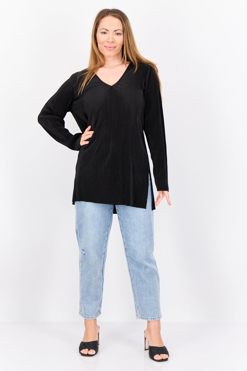 Cyrus Women Keyhole Neck Stripe Long Sleeve Blouse, Black - Image 2