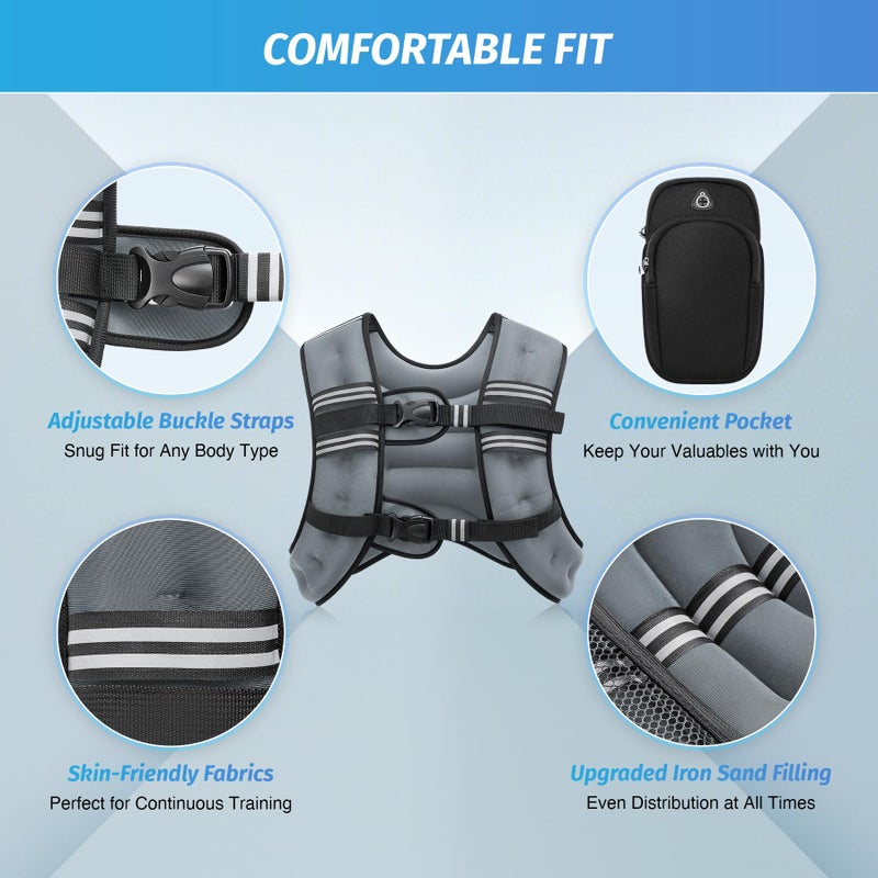 ZELUS Weighted Vest, 6lb/8lb/12lb/16lb/20lb/25lb/30lb Weight Vest with Reflective Stripe for Workout, Strength Training, Running, Fitness, Muscle Building, Weight Loss, Weightlifting, Grey(16 lb) - Image 2
