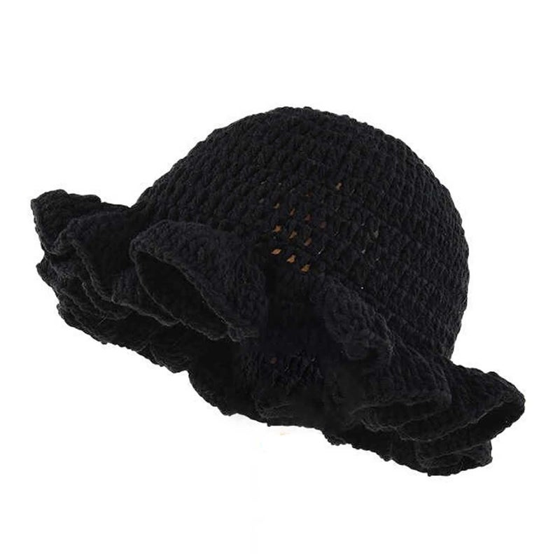 Ahouws Crochet Bucket Hat Women Trendy Knit Floppy Cap Cute Boho Handmade Beanies Outdoor Boho Travel Fishing Hat (Black L) - Image 1