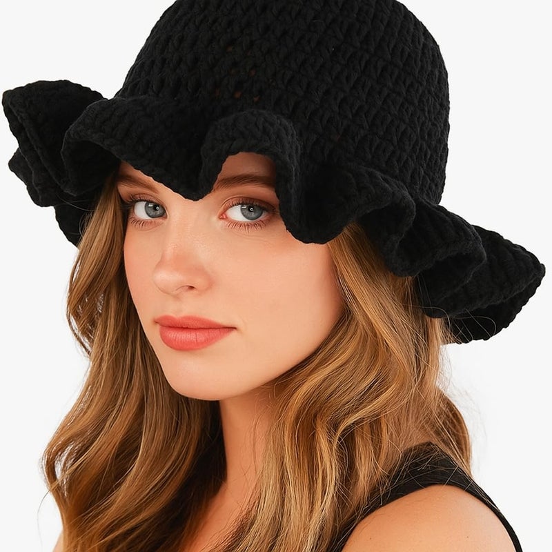Ahouws Crochet Bucket Hat Women Trendy Knit Floppy Cap Cute Boho Handmade Beanies Outdoor Boho Travel Fishing Hat (Black L) - Image 3