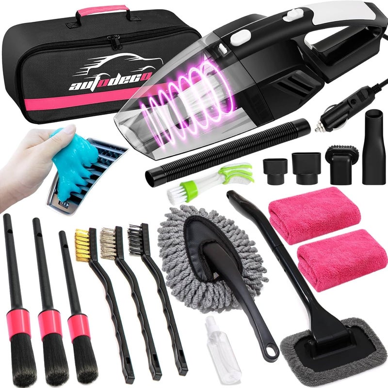 AUTODECO 20Pcs Car Cleaning Wash Kit Interior Detailing Cleaner Kit with High Power Handheld Vacuum, Brush Set, Windshield Tool, Duster, Towels, Complete Car Care Tools, Pink - Image 1