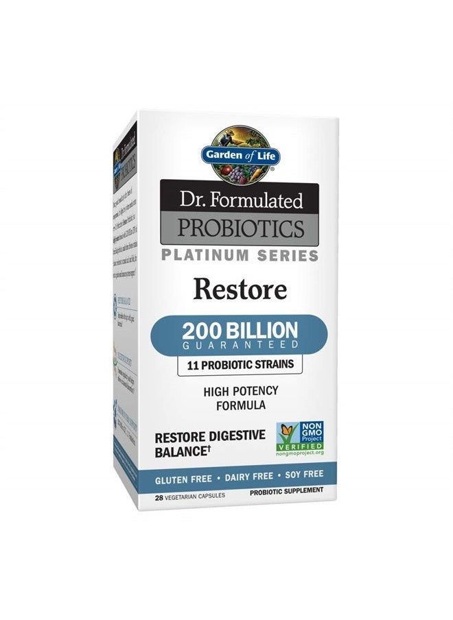 Dr. Formulated Probiotics Platinum Series Restore 200 Billion CFU High Potency Formula, Vegan, Non-GMO, Gluten, Dairy & Soy Free Digestive Immune Probiotic Support, 28 Capsules