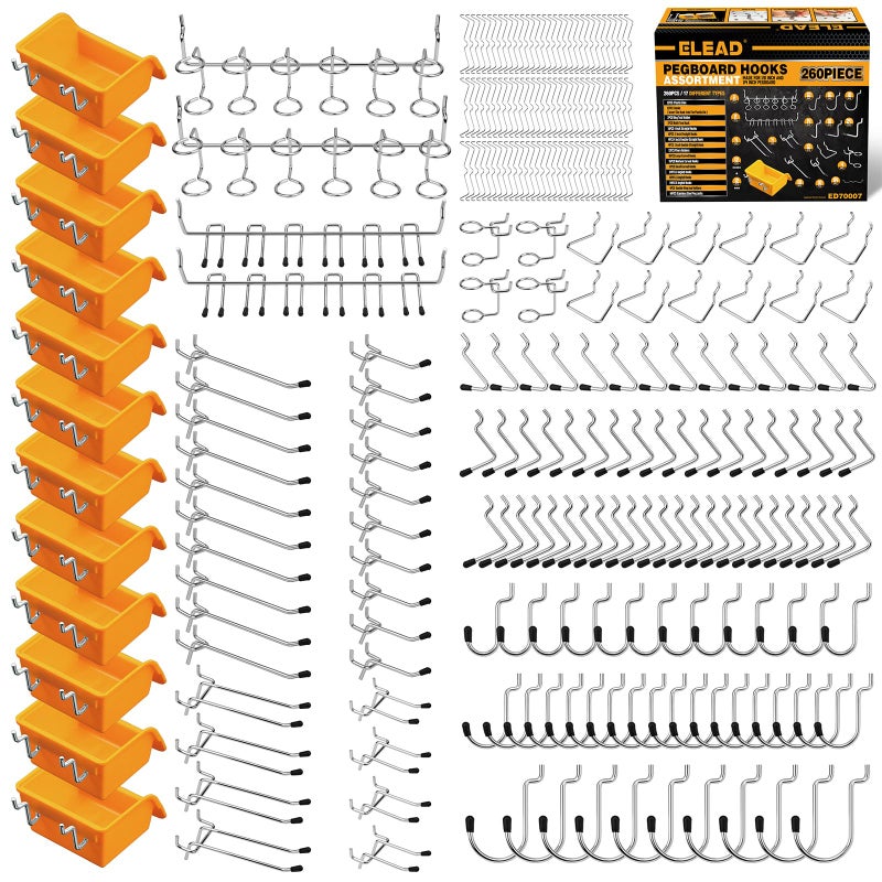 ELEAD 260 Piece Pegboard Hooks 1/8 and 1/4 inch Peg Board Organizer Accessories with Pegboard Bins for Organizing Various Tools in The Garage, Workshop & Craft Room - Image 1