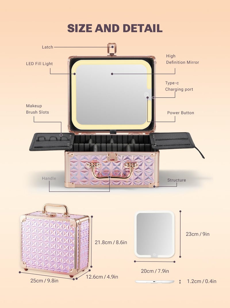 Qislee Makeup Box with A Detachable Lighted Mirror, Waterproof Travel Train Case, Cosmetic Organizer and Makeup Suitcase with Adjustable Dividers, Magnetic LED Mirror(Sparkling Pink) - Image 3