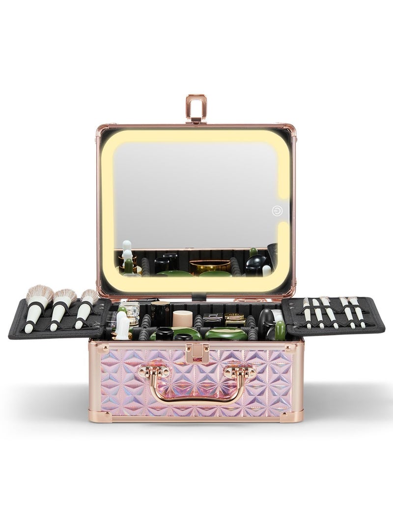 Qislee Makeup Box with A Detachable Lighted Mirror, Waterproof Travel Train Case, Cosmetic Organizer and Makeup Suitcase with Adjustable Dividers, Magnetic LED Mirror(Sparkling Pink) - Image 1