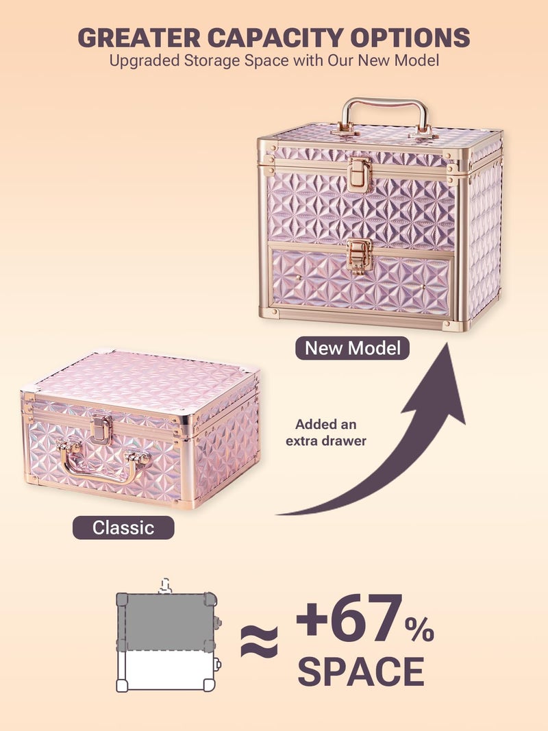 Qislee Makeup Box with A Detachable Lighted Mirror, Waterproof Travel Train Case, Cosmetic Organizer and Makeup Suitcase with Adjustable Dividers, Magnetic LED Mirror(Sparkling Pink) - Image 5